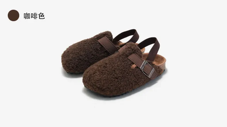 Child Baby Boys Girls Warm Fuzzy Slipper Plush Sandals Cork Faux Fur Flats Toddler Prewalker Slipper Elastic Back Strap