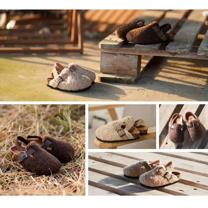 Child Baby Boys Girls Warm Fuzzy Slipper Plush Sandals Cork Faux Fur Flats Toddler Prewalker Slipper Elastic Back Strap