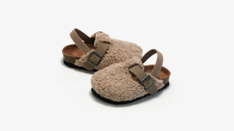 Child Baby Boys Girls Warm Fuzzy Slipper Plush Sandals Cork Faux Fur Flats Toddler Prewalker Slipper Elastic Back Strap