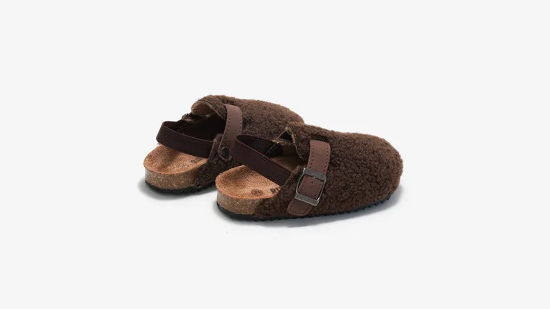 Child Baby Boys Girls Warm Fuzzy Slipper Plush Sandals Cork Faux Fur Flats Toddler Prewalker Slipper Elastic Back Strap