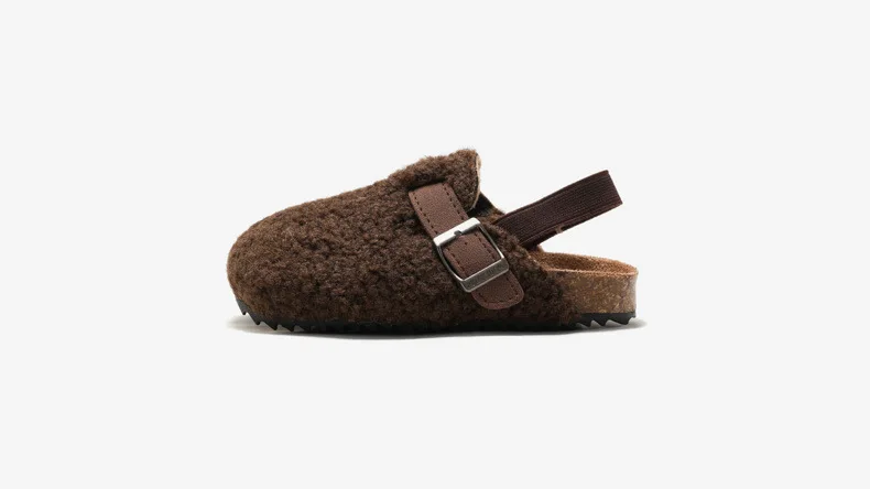 Child Baby Boys Girls Warm Fuzzy Slipper Plush Sandals Cork Faux Fur Flats Toddler Prewalker Slipper Elastic Back Strap