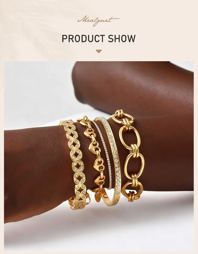 Waterproof Stainless Steel Bracelet, Non Tarnish Cubic Zirconia Cuffs, Stack Layered Chunky Chain Bracelets for Women
