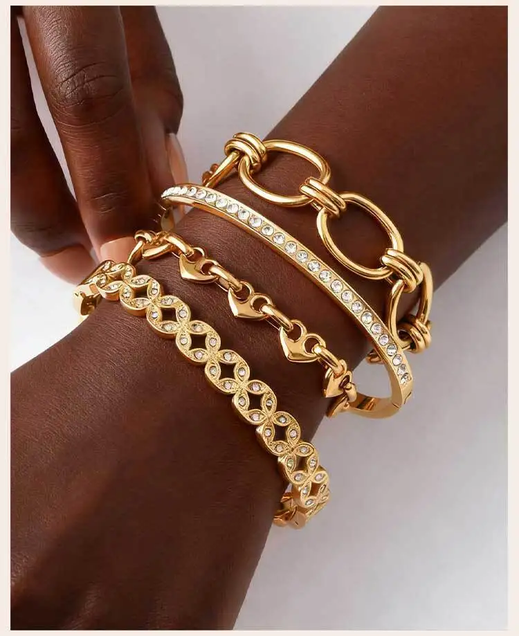 Waterproof Stainless Steel Bracelet, Non Tarnish Cubic Zirconia Cuffs, Stack Layered Chunky Chain Bracelets for Women