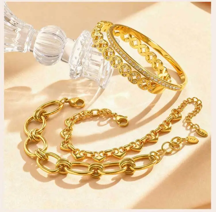 Waterproof Stainless Steel Bracelet, Non Tarnish Cubic Zirconia Cuffs, Stack Layered Chunky Chain Bracelets for Women