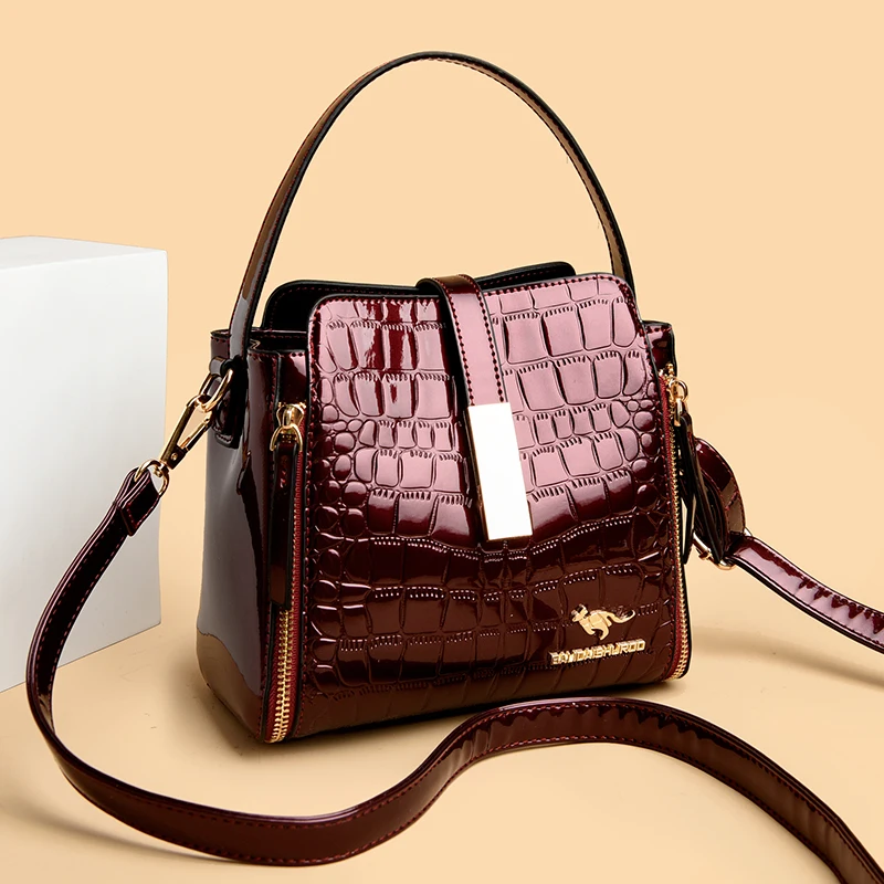 Women Patent Leather Handbag High Quality Interior Slot Pocket Leather Bucket Bag Female Shoulder Bag Luxury Brand Crossbody Bag