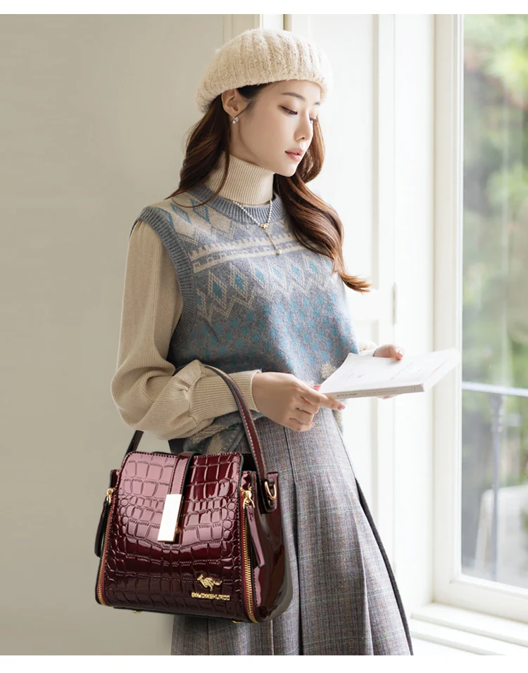 Women Patent Leather Handbag High Quality Interior Slot Pocket Leather Bucket Bag Female Shoulder Bag Luxury Brand Crossbody Bag