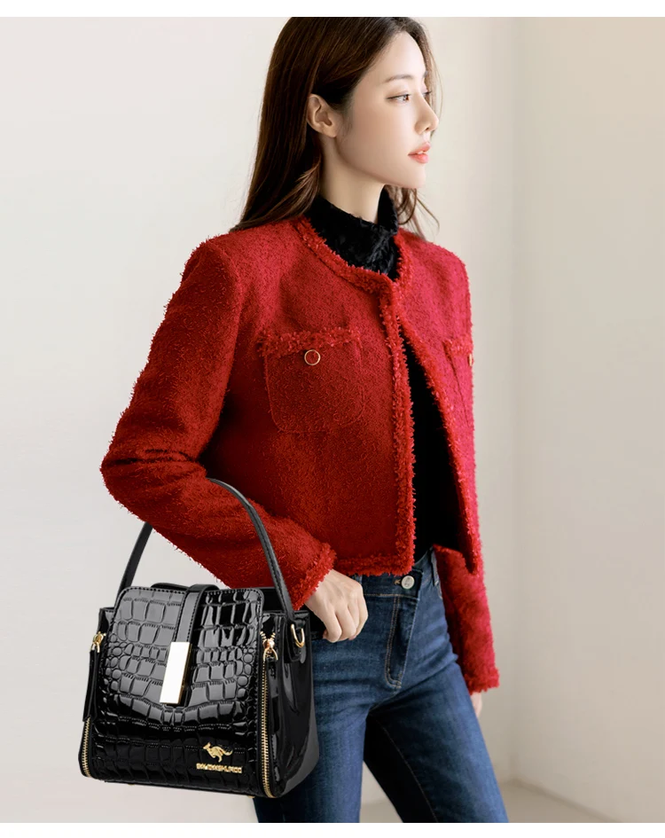 Women Patent Leather Handbag High Quality Interior Slot Pocket Leather Bucket Bag Female Shoulder Bag Luxury Brand Crossbody Bag