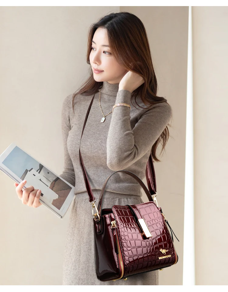 Women Patent Leather Handbag High Quality Interior Slot Pocket Leather Bucket Bag Female Shoulder Bag Luxury Brand Crossbody Bag