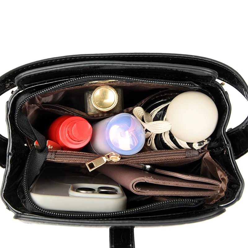 Women Patent Leather Handbag High Quality Interior Slot Pocket Leather Bucket Bag Female Shoulder Bag Luxury Brand Crossbody Bag