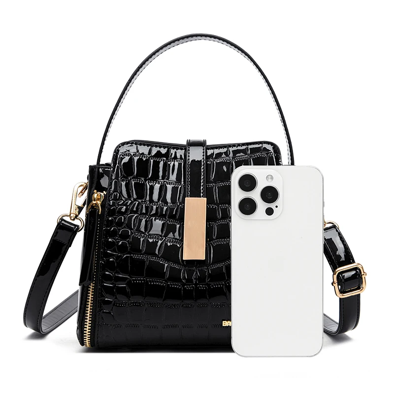 Women Patent Leather Handbag High Quality Interior Slot Pocket Leather Bucket Bag Female Shoulder Bag Luxury Brand Crossbody Bag