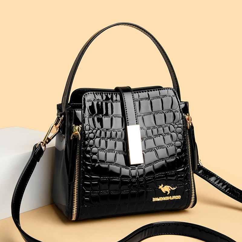 Women Patent Leather Handbag High Quality Interior Slot Pocket Leather Bucket Bag Female Shoulder Bag Luxury Brand Crossbody Bag