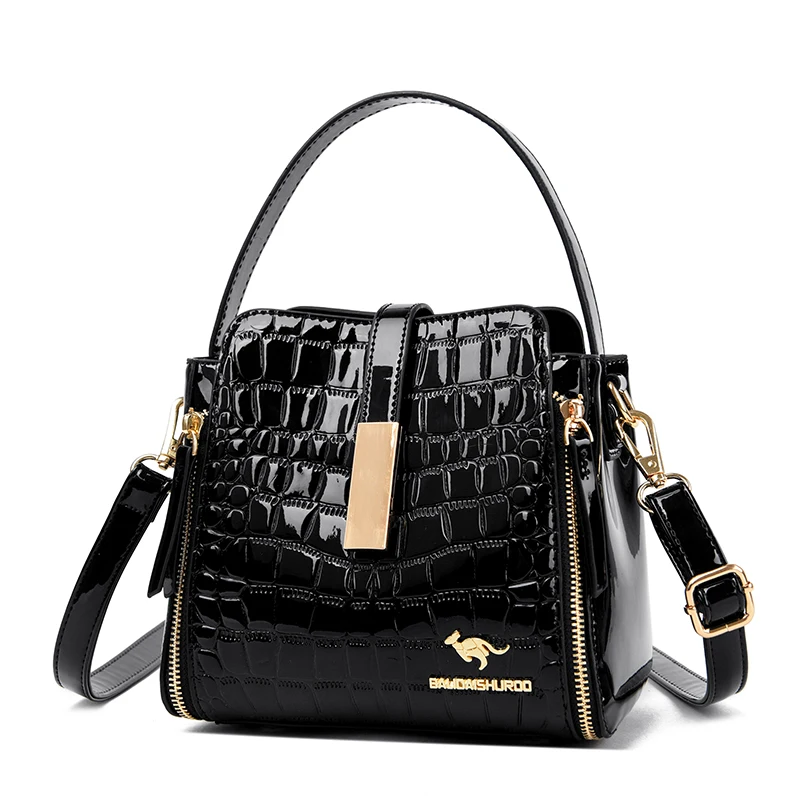 Women Patent Leather Handbag High Quality Interior Slot Pocket Leather Bucket Bag Female Shoulder Bag Luxury Brand Crossbody Bag