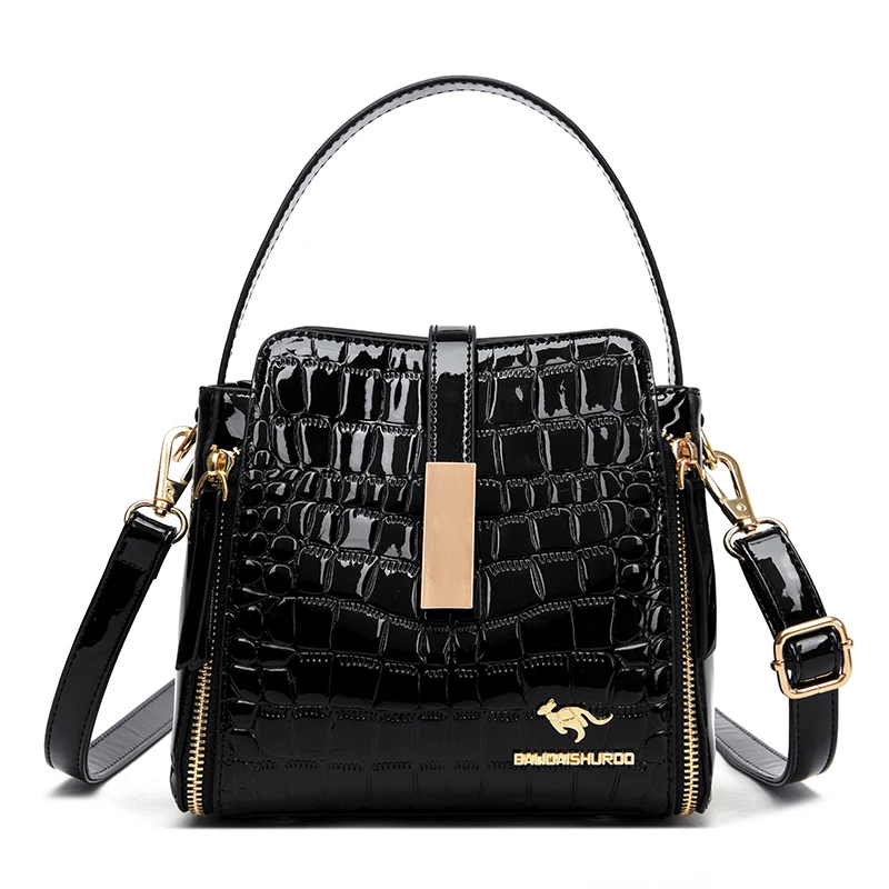 Women Patent Leather Handbag High Quality Interior Slot Pocket Leather Bucket Bag Female Shoulder Bag Luxury Brand Crossbody Bag