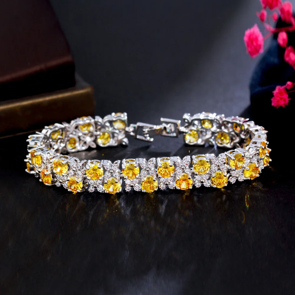 ThreeGraces Luxury Shiny Yellow Cubic Zirconia Leaf Flower Shape Bridal Wedding Party Bracelet for Women Fashion Jewelry BR239