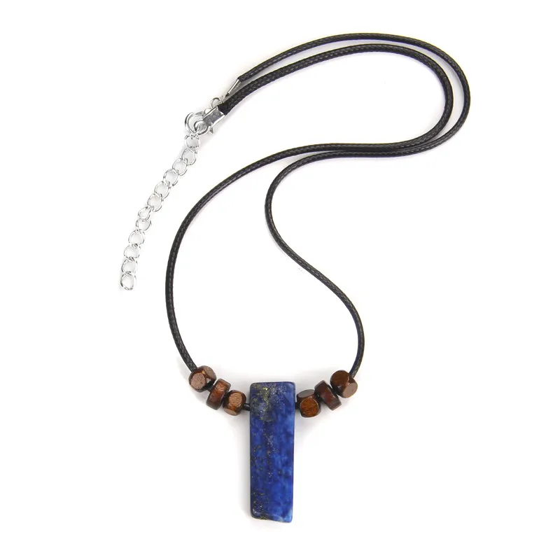 Men Vintage Rectangle Obsidian Pendent Necklace Natural Tiger Eye Labradorite Gem Leather Rope Braid Necklace Healing Jewelry