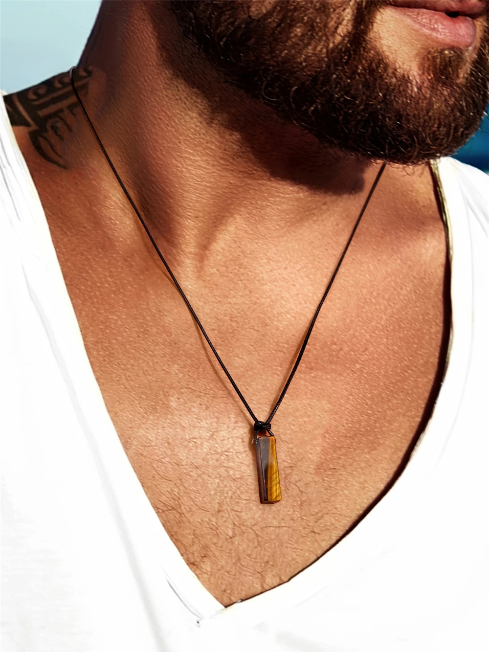 Men Vintage Rectangle Obsidian Pendent Necklace Natural Tiger Eye Labradorite Gem Leather Rope Braid Necklace Healing Jewelry