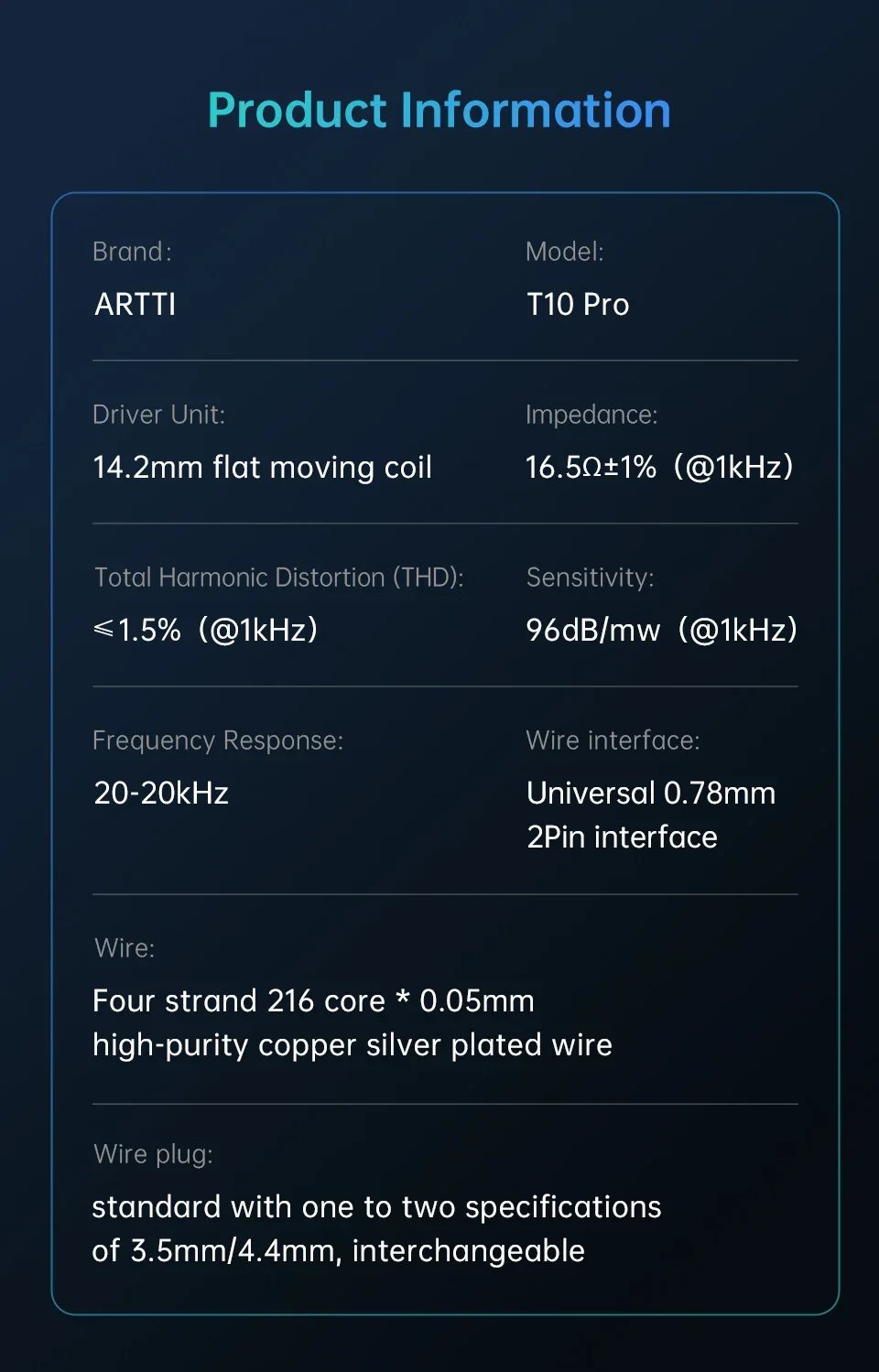 ARTTI T10 PRO HiFi Earphone Wired Monitors 14.2mm Planar Driver Bass In-Ear Earphone 0.78mm 2pin 3.5+4.4mm Plug