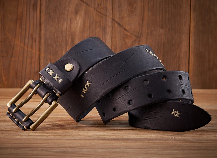 3.8CM Original Genuine Leather Army Tactical Belt Double-needle Buckle Men's Belt Washed Water Made Old Macho Jeans Belt