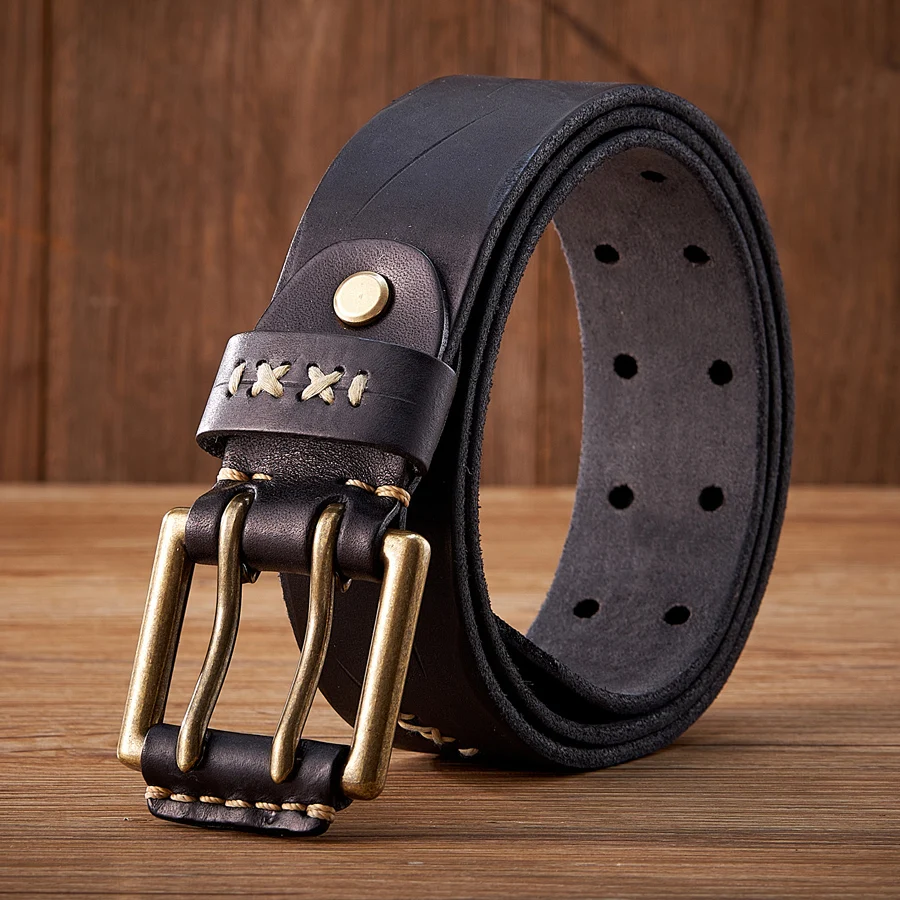 3.8CM Original Genuine Leather Army Tactical Belt Double-needle Buckle Men's Belt Washed Water Made Old Macho Jeans Belt