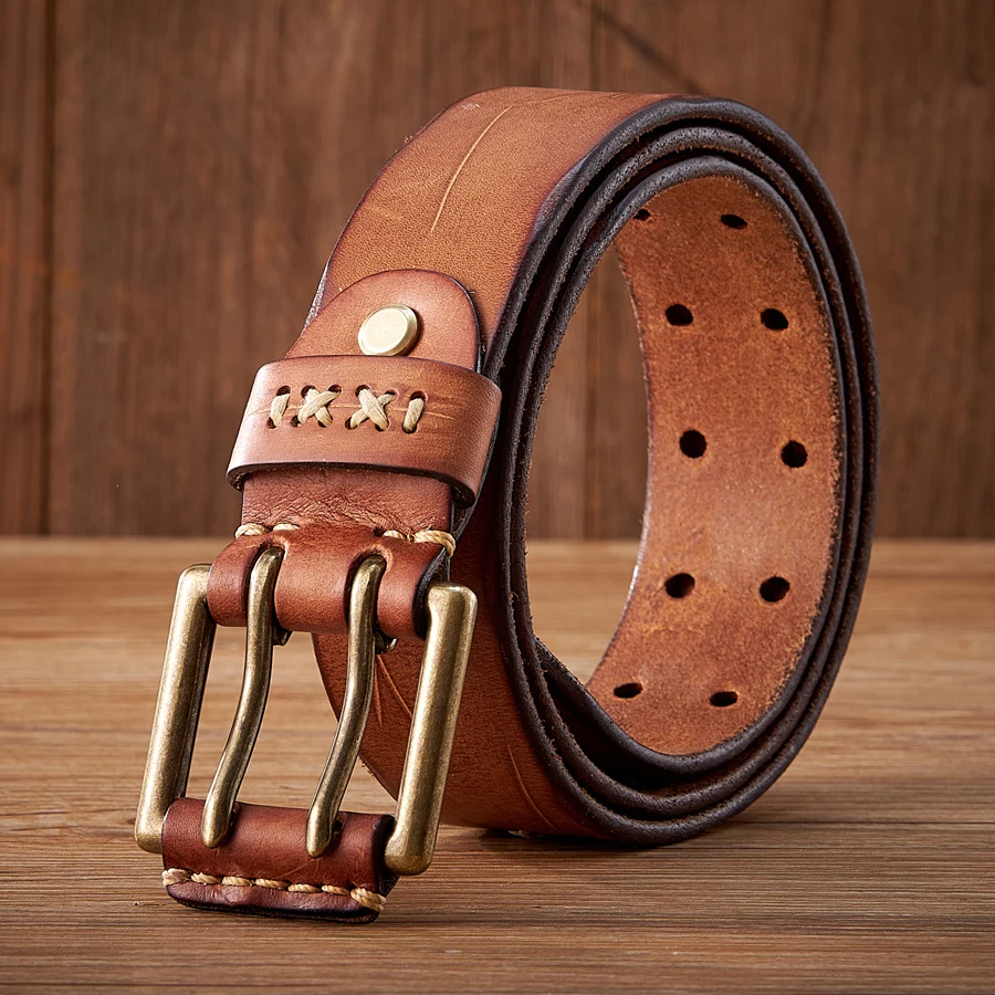 3.8CM Original Genuine Leather Army Tactical Belt Double-needle Buckle Men's Belt Washed Water Made Old Macho Jeans Belt