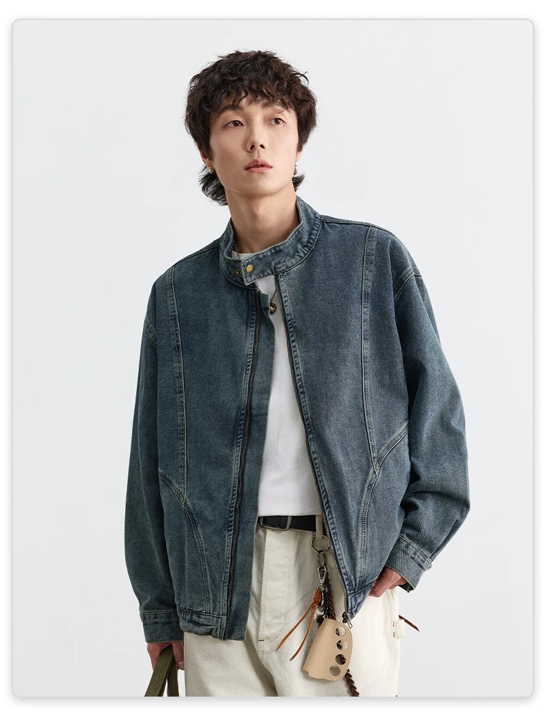 IEFB Menwear Vintage Washed Denim Jacket Stand‑collar Zipper Up Loose Deconstructed Stitching Street Outerwear Short Coat 9X4249