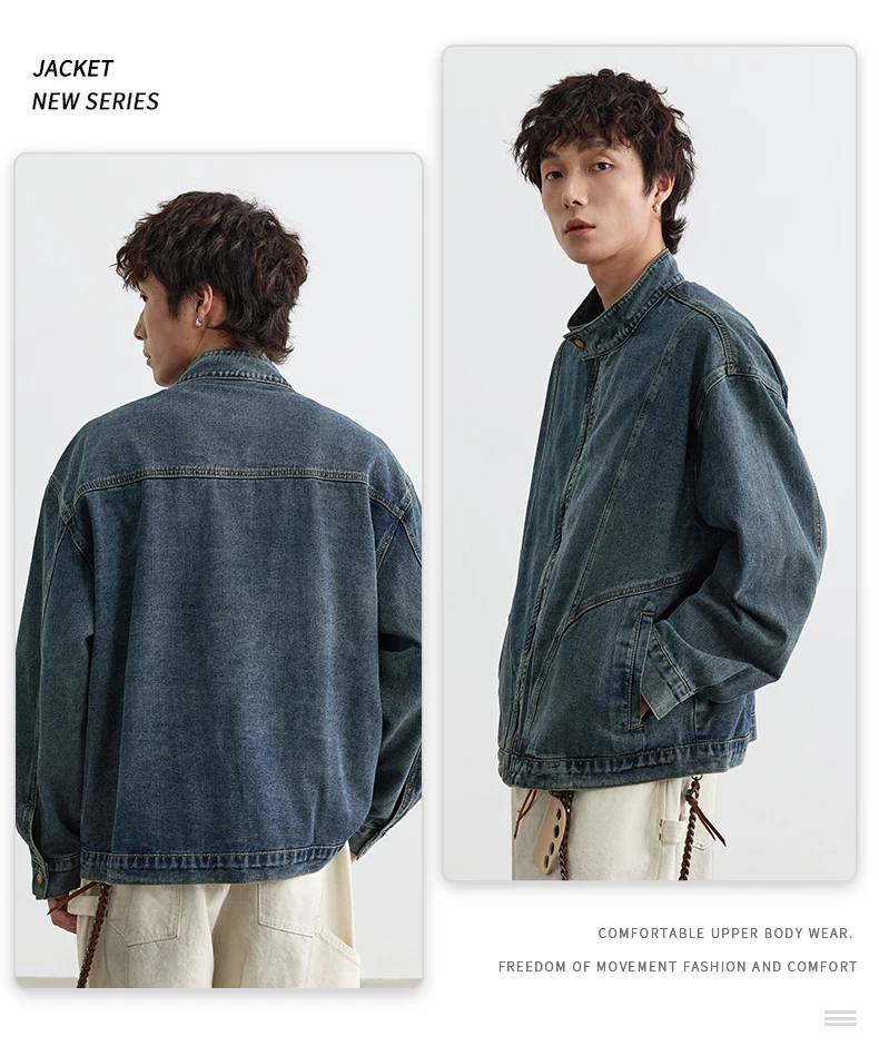 IEFB Menwear Vintage Washed Denim Jacket Stand‑collar Zipper Up Loose Deconstructed Stitching Street Outerwear Short Coat 9X4249