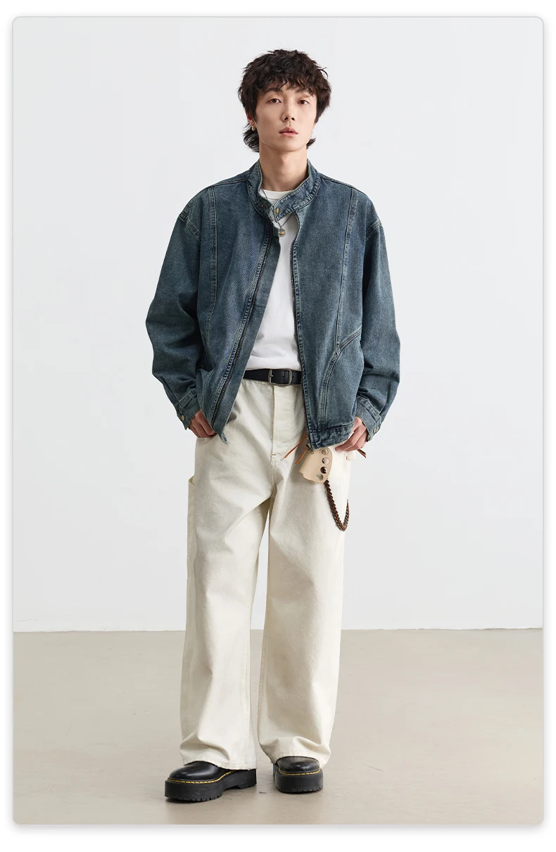 IEFB Menwear Vintage Washed Denim Jacket Stand‑collar Zipper Up Loose Deconstructed Stitching Street Outerwear Short Coat 9X4249