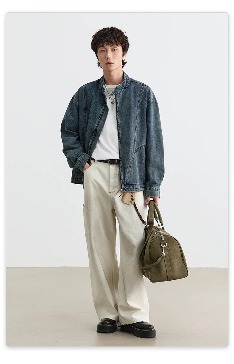 IEFB Menwear Vintage Washed Denim Jacket Stand‑collar Zipper Up Loose Deconstructed Stitching Street Outerwear Short Coat 9X4249