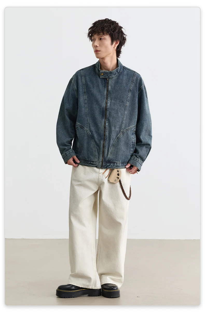 IEFB Menwear Vintage Washed Denim Jacket Stand‑collar Zipper Up Loose Deconstructed Stitching Street Outerwear Short Coat 9X4249