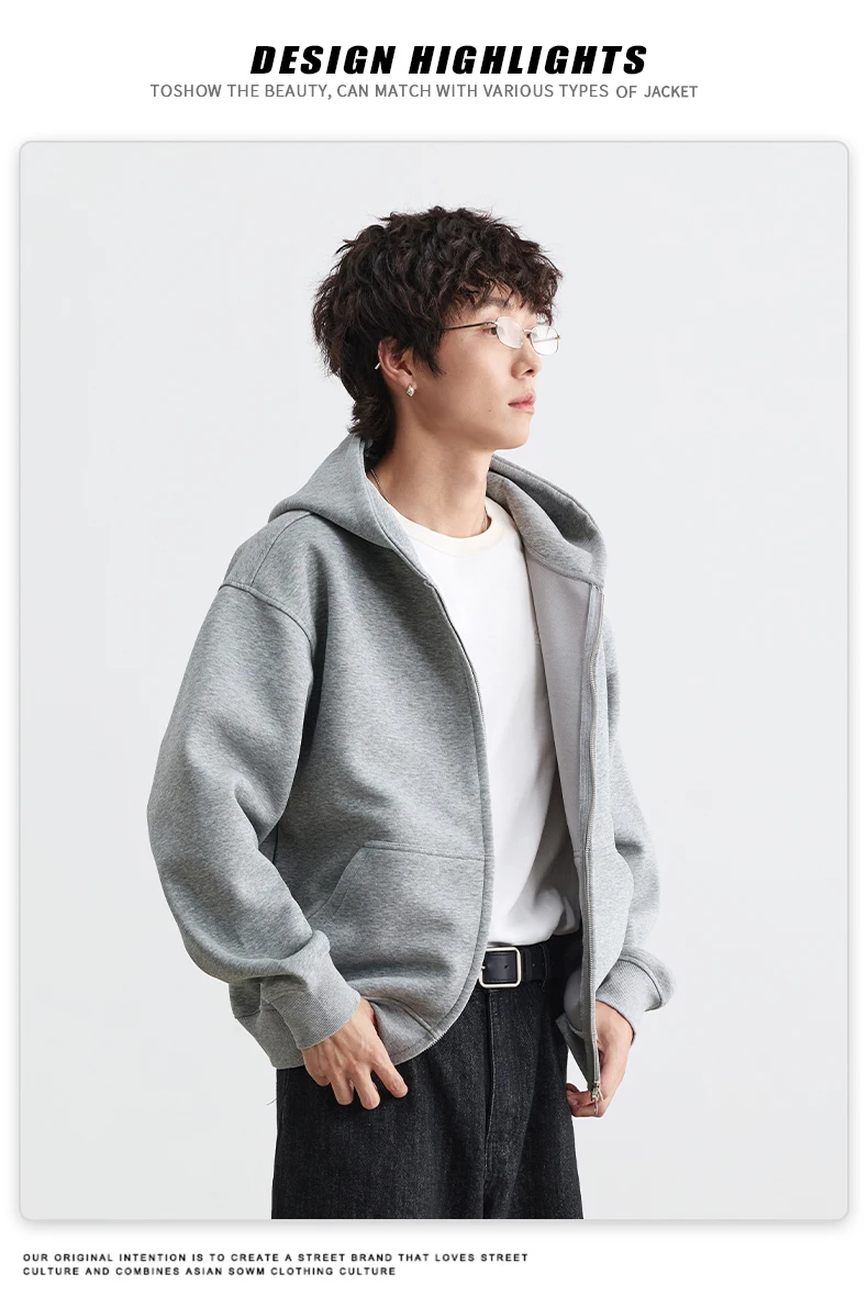 IEFB American Style Gray Black Men's Hooded Sweatshirt Autumn New Simple Drop Shoulder Zipper Hoodie Coat 9X4295