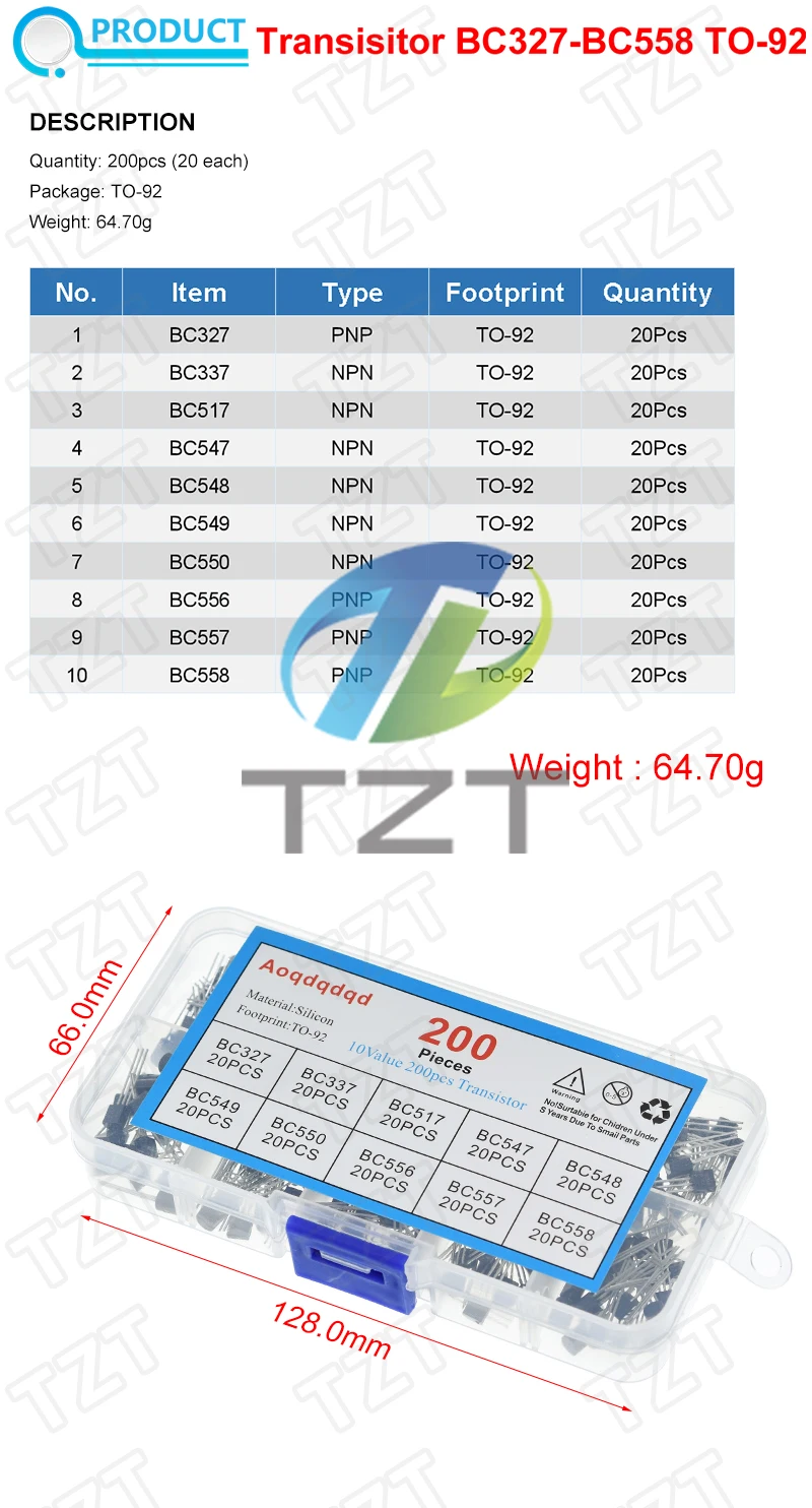 TZT 1BOX 200pcs=10 Values*20pcs BC327/BC337/BC517/BC547/BC548/BC549/BC550 BC556/BC557/BC558 For Power module