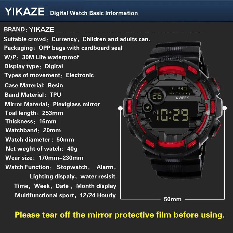 Military Men Watch Men's Digital Watches Sports Electronic Wristwatch 50MM Large Dial Clock Waterproof Sport Watch for Boy Child