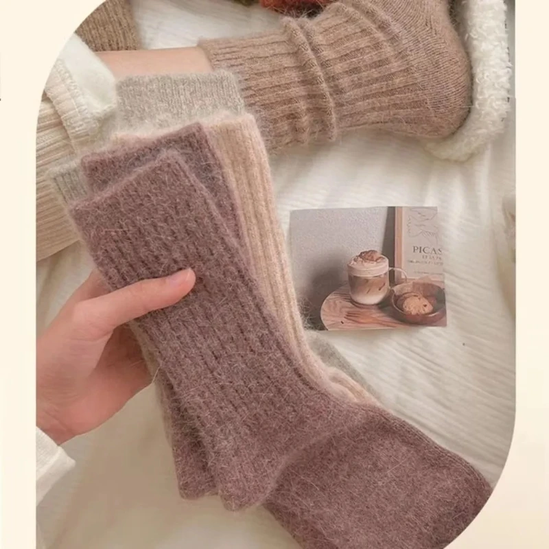 Winter Thick Warm Women's Cashmere Wool Socks Japanese Harajuku Style Solid Color Long Thermal Fashion Sox for Ladies