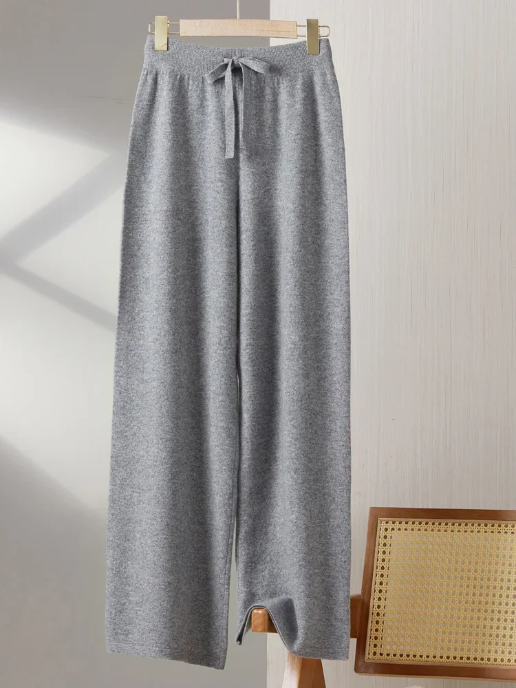 2025New Women100%Merino Wool Knitted Wide Leg Pants Autumn Winter Basic Soft Warm Cashmere Knit Trousers Casual Drawstring Style