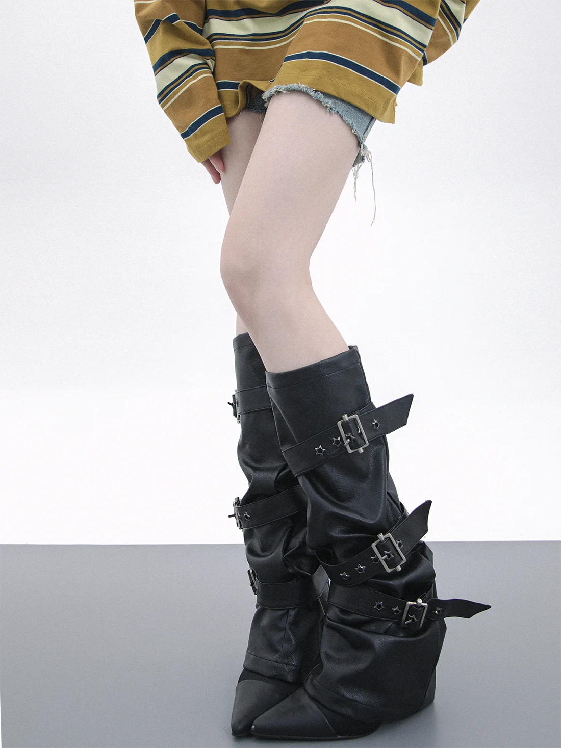 Adjustable Five-pointed Star Rivet Pin Buckle Strap PU Leather Leg Warmers Woman Gothic Punk Leather Leg Sleeve Covers