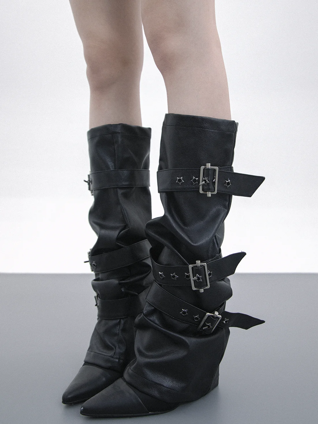 Adjustable Five-pointed Star Rivet Pin Buckle Strap PU Leather Leg Warmers Woman Gothic Punk Leather Leg Sleeve Covers