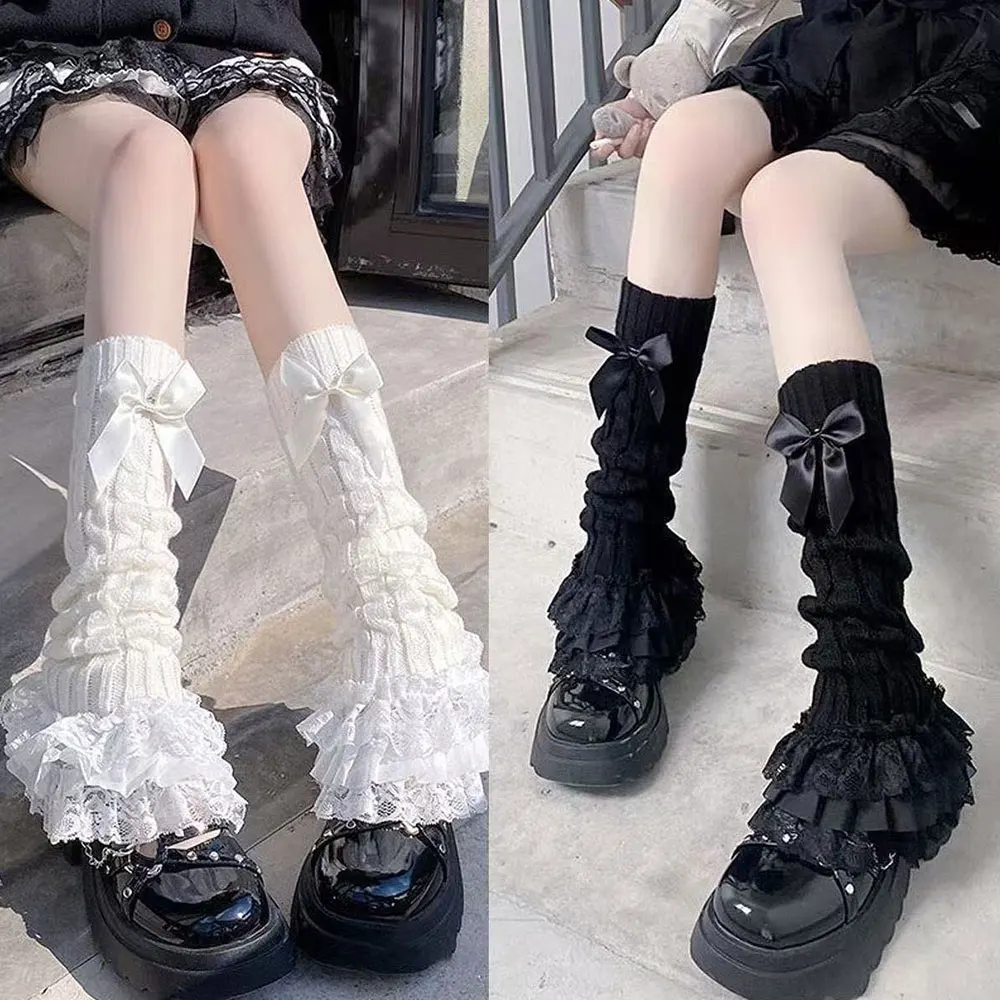 Japanese Women Knitted Leg Warmer Bow Tiered Ruffled Socks Girl Lace Lolita Socks Calf T-shaped Lace Leg Horn Warmers Women