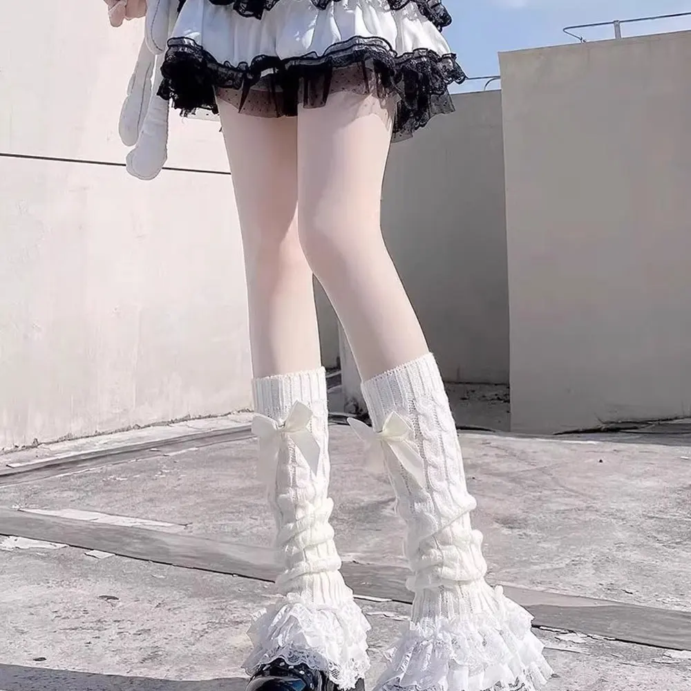 Japanese Women Knitted Leg Warmer Bow Tiered Ruffled Socks Girl Lace Lolita Socks Calf T-shaped Lace Leg Horn Warmers Women