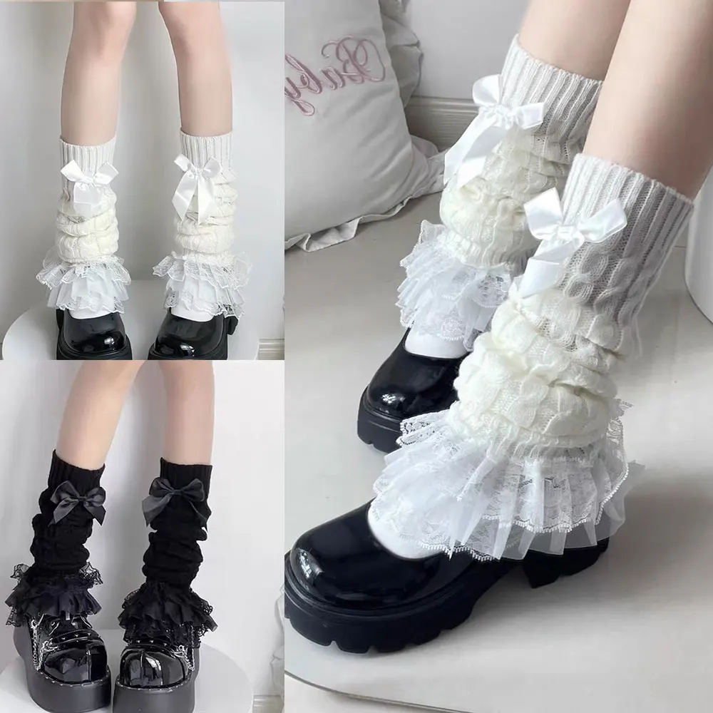 Japanese Women Knitted Leg Warmer Bow Tiered Ruffled Socks Girl Lace Lolita Socks Calf T-shaped Lace Leg Horn Warmers Women