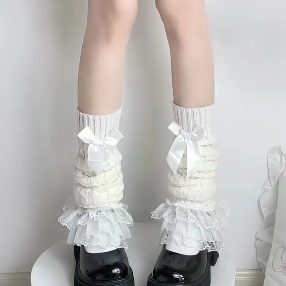 Japanese Women Knitted Leg Warmer Bow Tiered Ruffled Socks Girl Lace Lolita Socks Calf T-shaped Lace Leg Horn Warmers Women