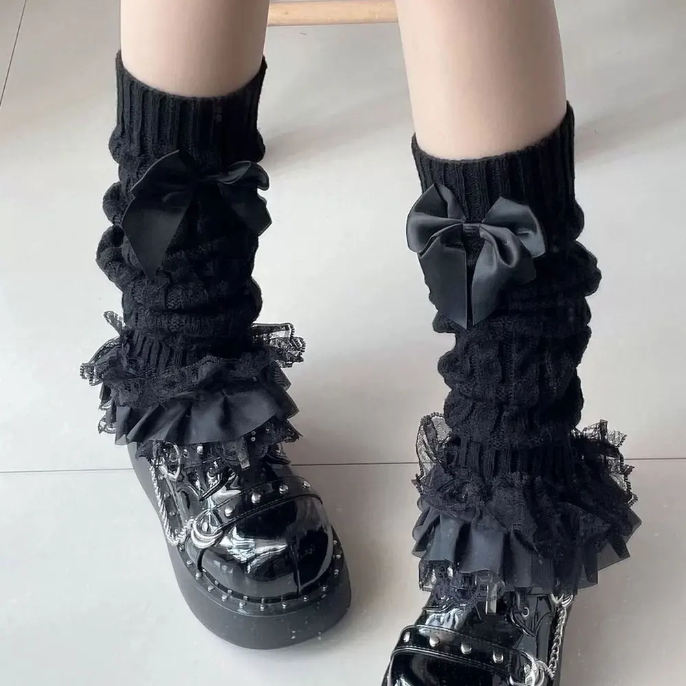 Japanese Women Knitted Leg Warmer Bow Tiered Ruffled Socks Girl Lace Lolita Socks Calf T-shaped Lace Leg Horn Warmers Women