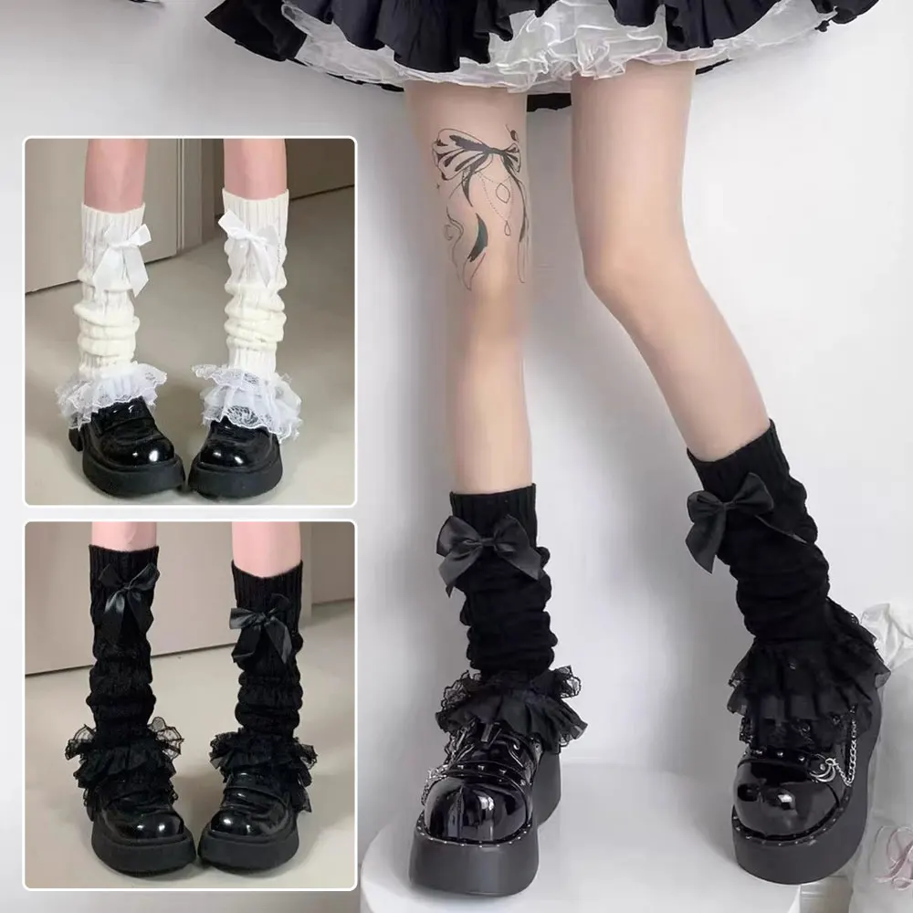 Japanese Women Knitted Leg Warmer Bow Tiered Ruffled Socks Girl Lace Lolita Socks Calf T-shaped Lace Leg Horn Warmers Women