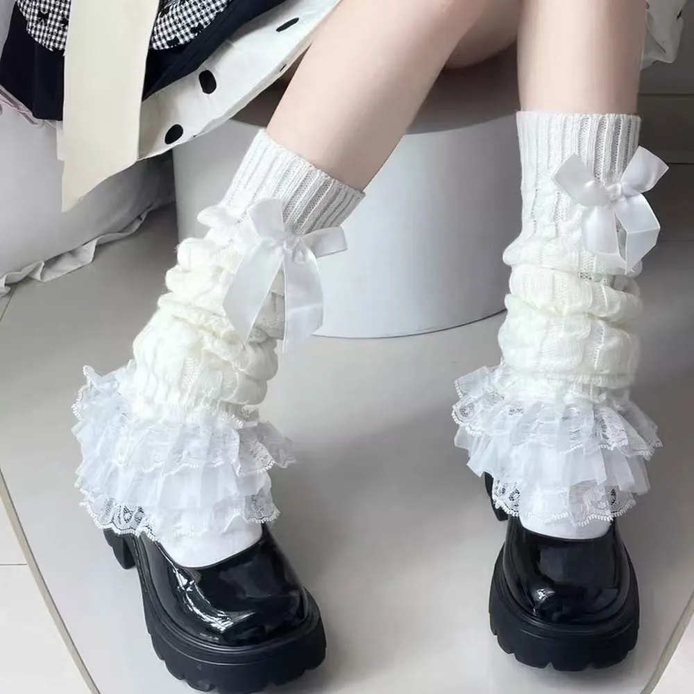 Japanese Women Knitted Leg Warmer Bow Tiered Ruffled Socks Girl Lace Lolita Socks Calf T-shaped Lace Leg Horn Warmers Women