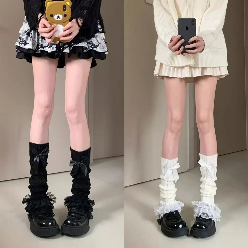 Japanese Women Knitted Leg Warmer Bow Tiered Ruffled Socks Girl Lace Lolita Socks Calf T-shaped Lace Leg Horn Warmers Women