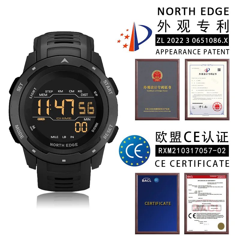 NORTH EDGE MARS3 Outdoor Sports Watch Carbon Fiber Waterproof Stopwatch Countdown Alarm Electronic Watch Luminous Round Watch