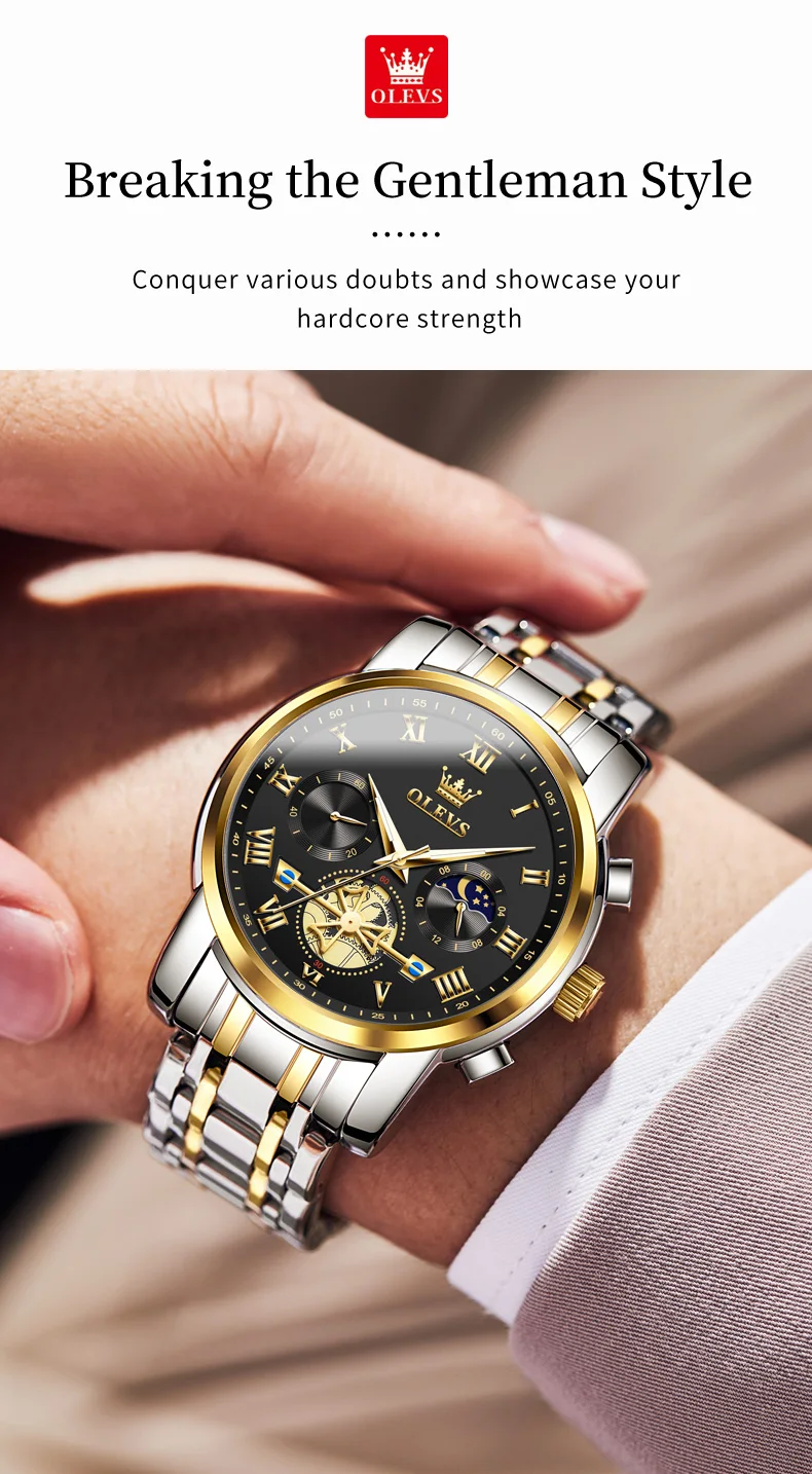 OLEVS Top Brand Couple Watches Stainless Steel Waterpoof Chronograph Moon Phase Flywheel Design Lover's Wristwatch for Men Women