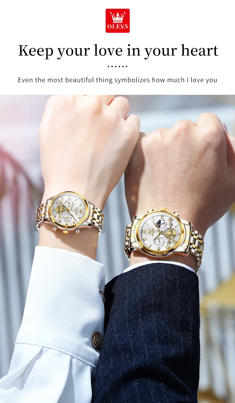 OLEVS Top Brand Couple Watches Stainless Steel Waterpoof Chronograph Moon Phase Flywheel Design Lover's Wristwatch for Men Women