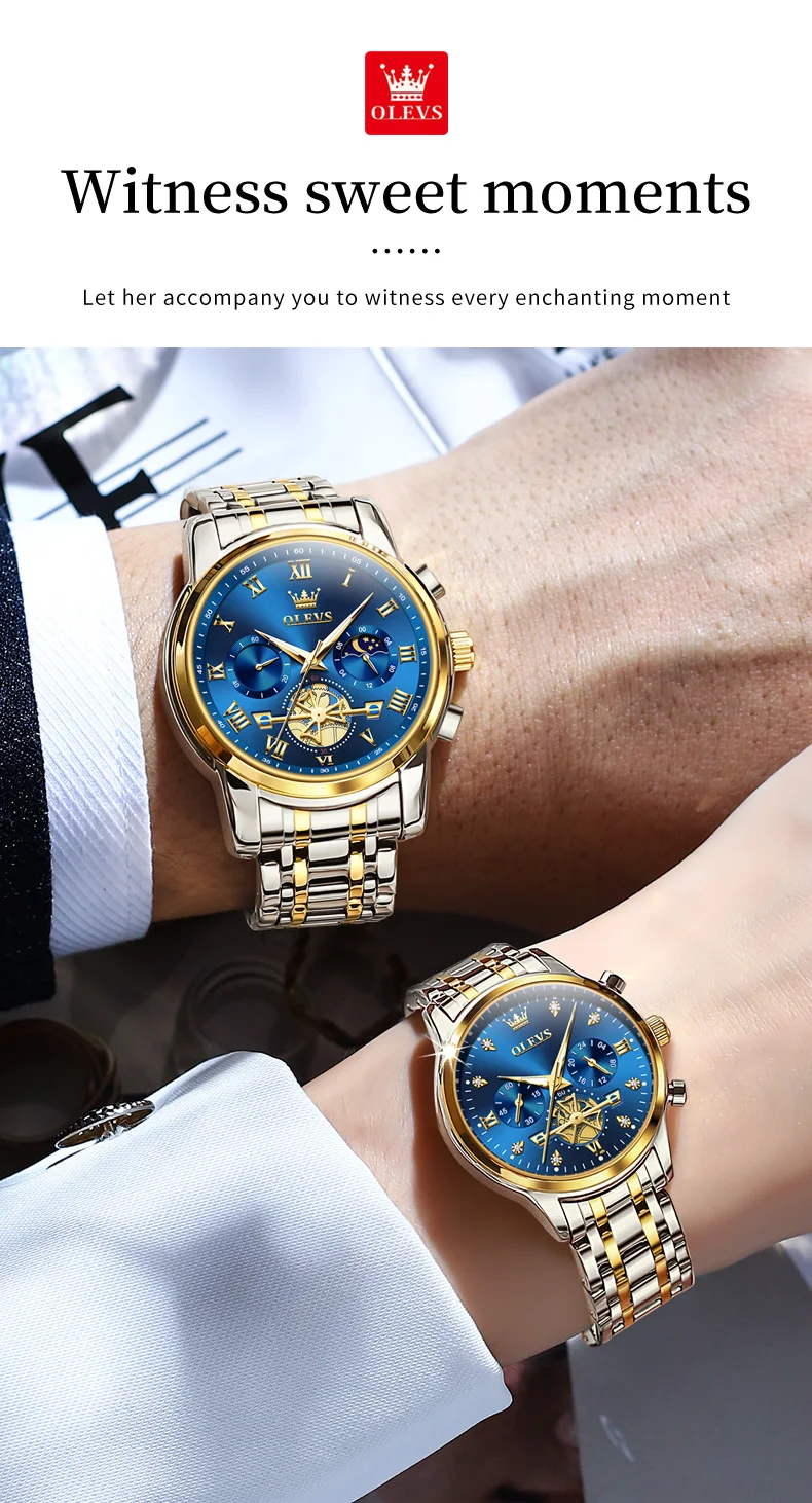 OLEVS Top Brand Couple Watches Stainless Steel Waterpoof Chronograph Moon Phase Flywheel Design Lover's Wristwatch for Men Women