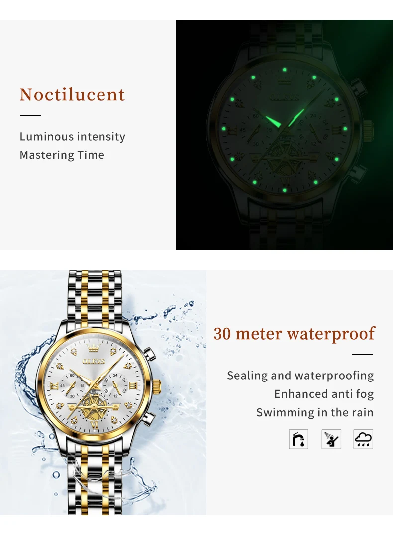 OLEVS Top Brand Couple Watches Stainless Steel Waterpoof Chronograph Moon Phase Flywheel Design Lover's Wristwatch for Men Women