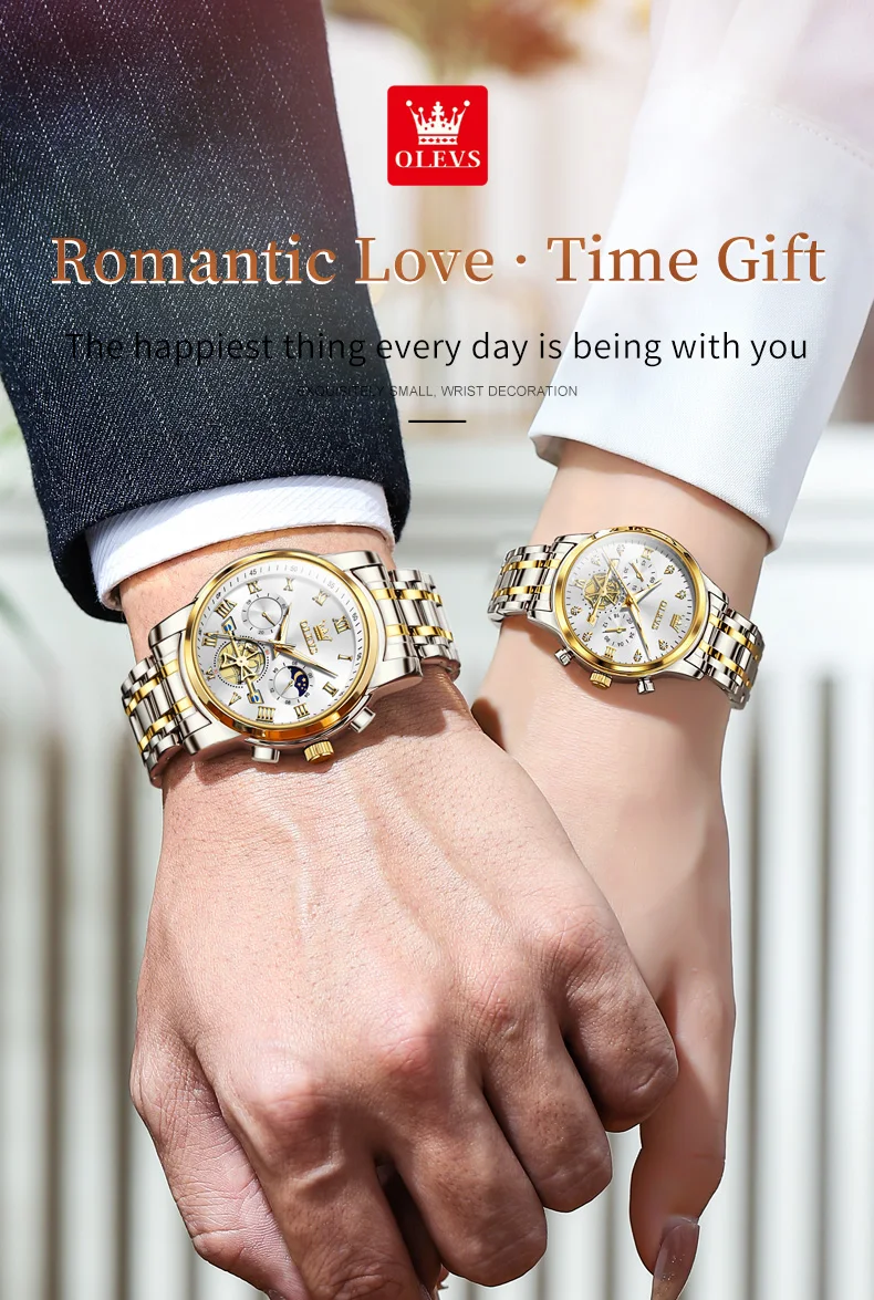 OLEVS Top Brand Couple Watches Stainless Steel Waterpoof Chronograph Moon Phase Flywheel Design Lover's Wristwatch for Men Women